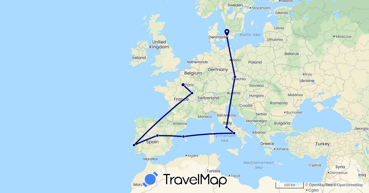 TravelMap itinerary: driving in Czech Republic, Denmark, Spain, France, Italy, Portugal (Europe)