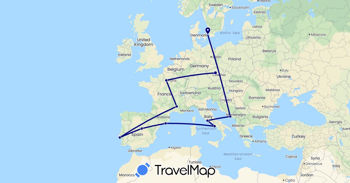 TravelMap itinerary: driving in Czech Republic, Denmark, Spain, France, Croatia, Italy, Portugal (Europe)